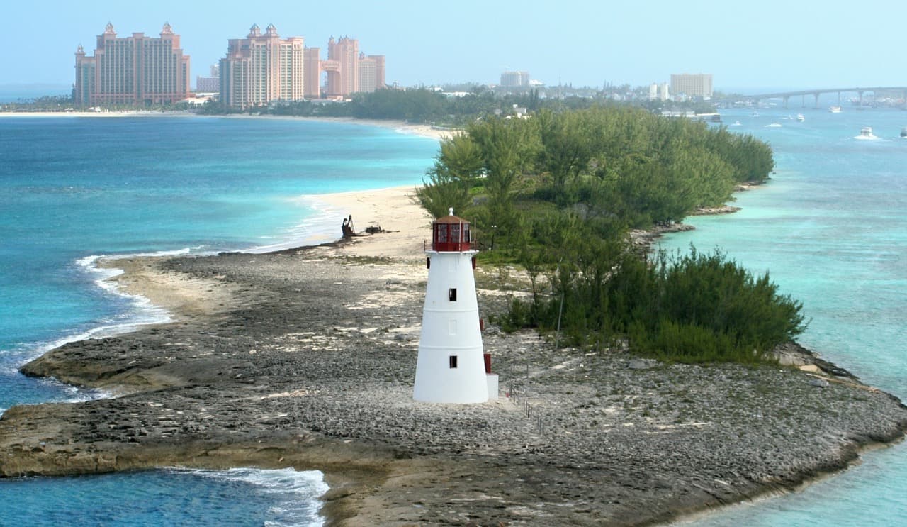 A lighthouse on a rocky islet off Nassau, Bahamas