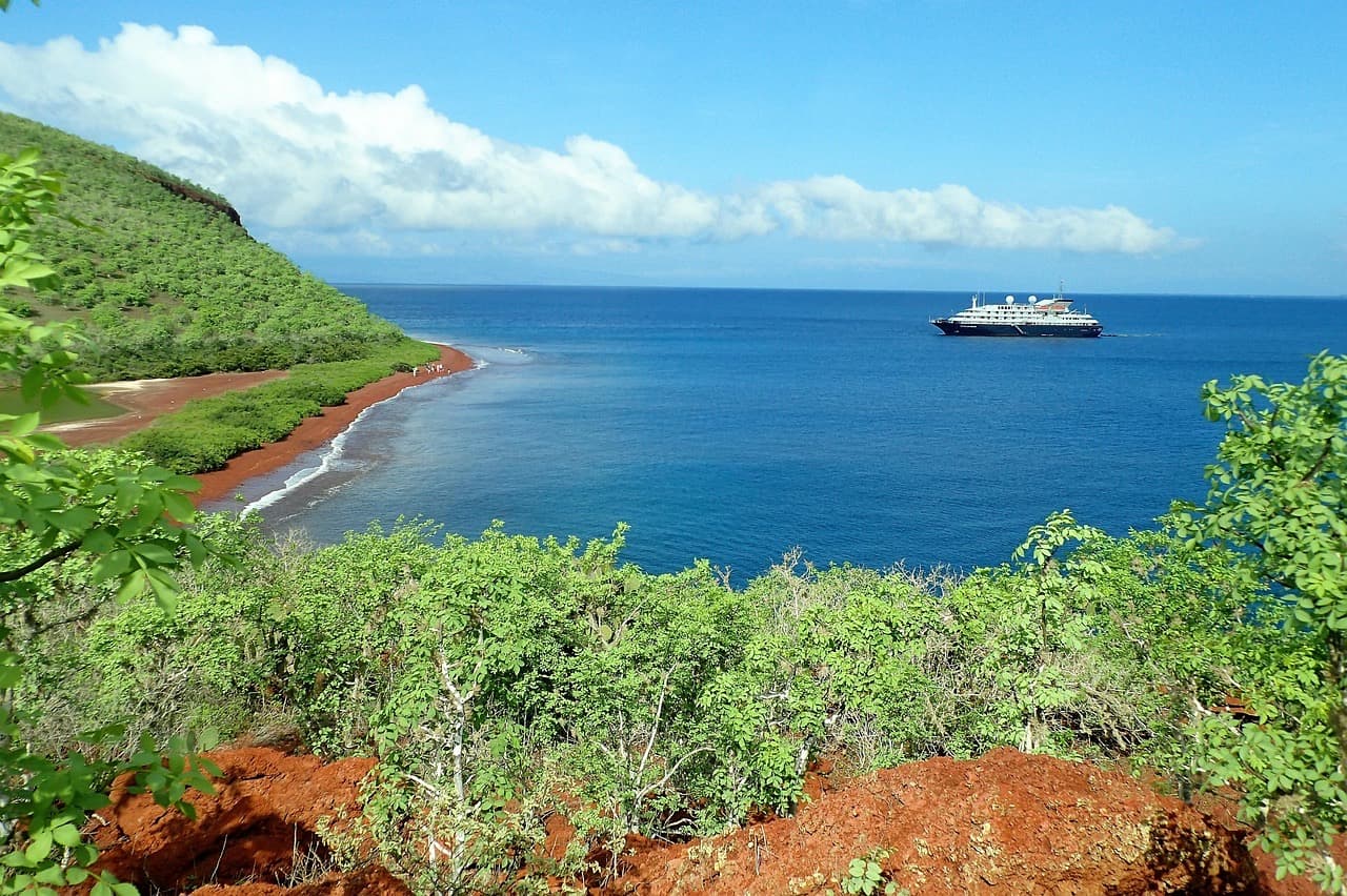 A beach and bay in the Galápagos Islands