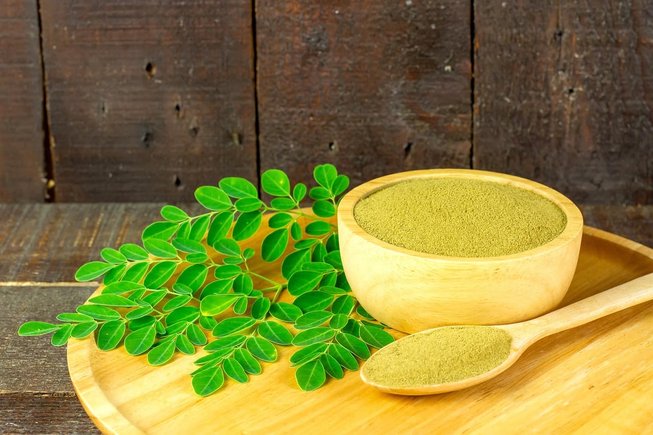 A wooden bowl and spoon of green plant powder next to a sprig of fresh leaves