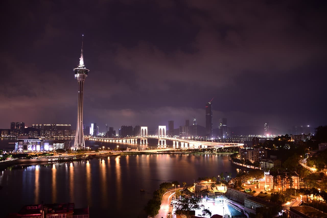 Macau Tower and the bridge to Taipa lit up at night, Macao